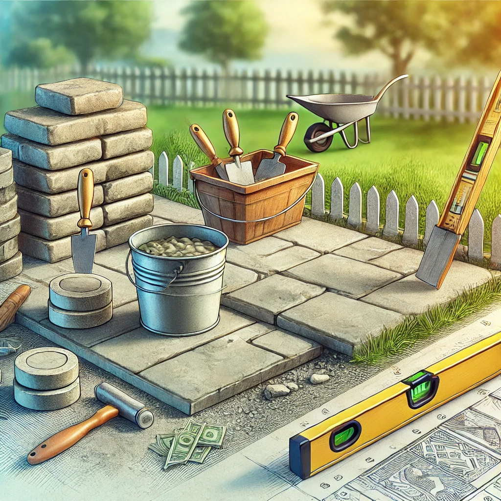 Dall·e 2024 11 20 14.44.17 An Image Illustrating The Cost Factors Of An Outdoor Masonry Project, Featuring A Partially Constructed Stone Patio With Tools Like A Trowel, Bucket O